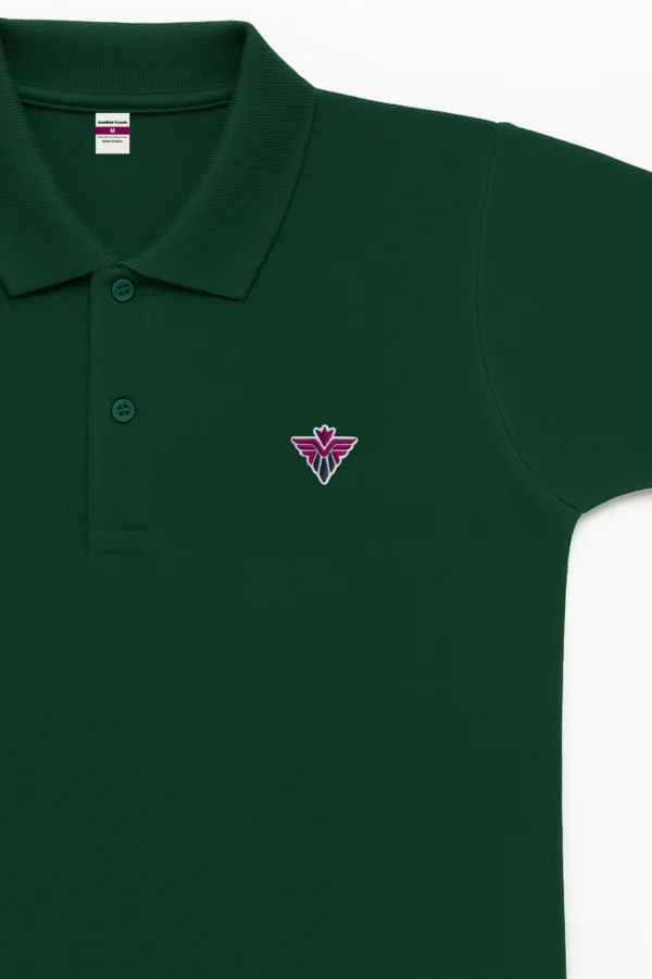 Dark green polo t-shirt crafted from premium cotton blend double piqué fabric with short sleeves, buttoned collar, and regular fit.