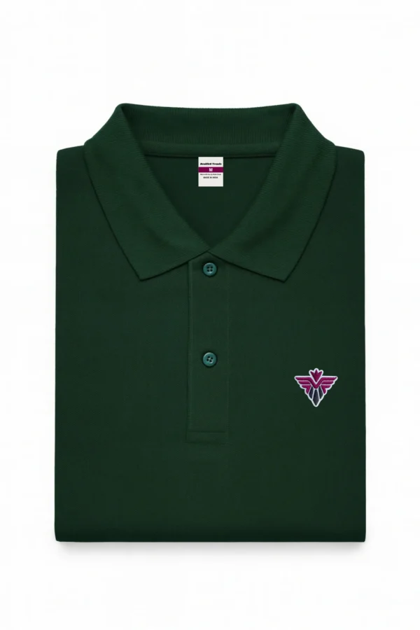 Dark green polo t-shirt crafted from premium cotton blend double piqué fabric with short sleeves, buttoned collar, and regular fit.