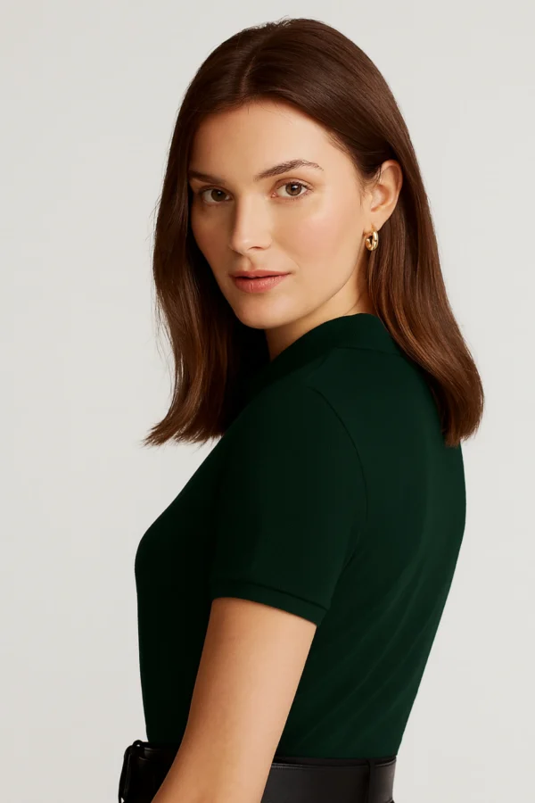 Dark green polo t-shirt crafted from premium cotton blend double piqué fabric with short sleeves, buttoned collar, and regular fit.