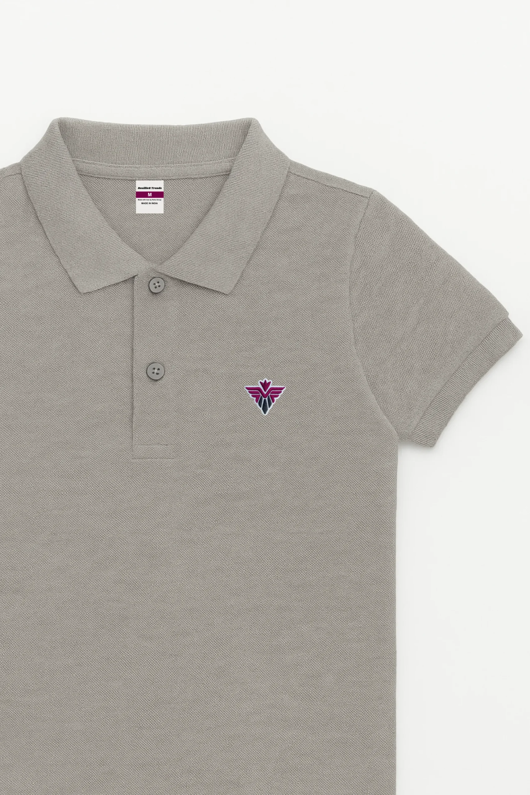 Grey polo t-shirt crafted from premium cotton blend double piqué fabric with short sleeves, buttoned collar, and regular fit.