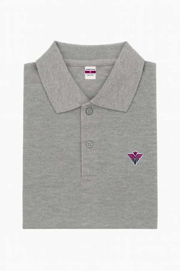 Grey polo t-shirt crafted from premium cotton blend double piqué fabric with short sleeves, buttoned collar, and regular fit.