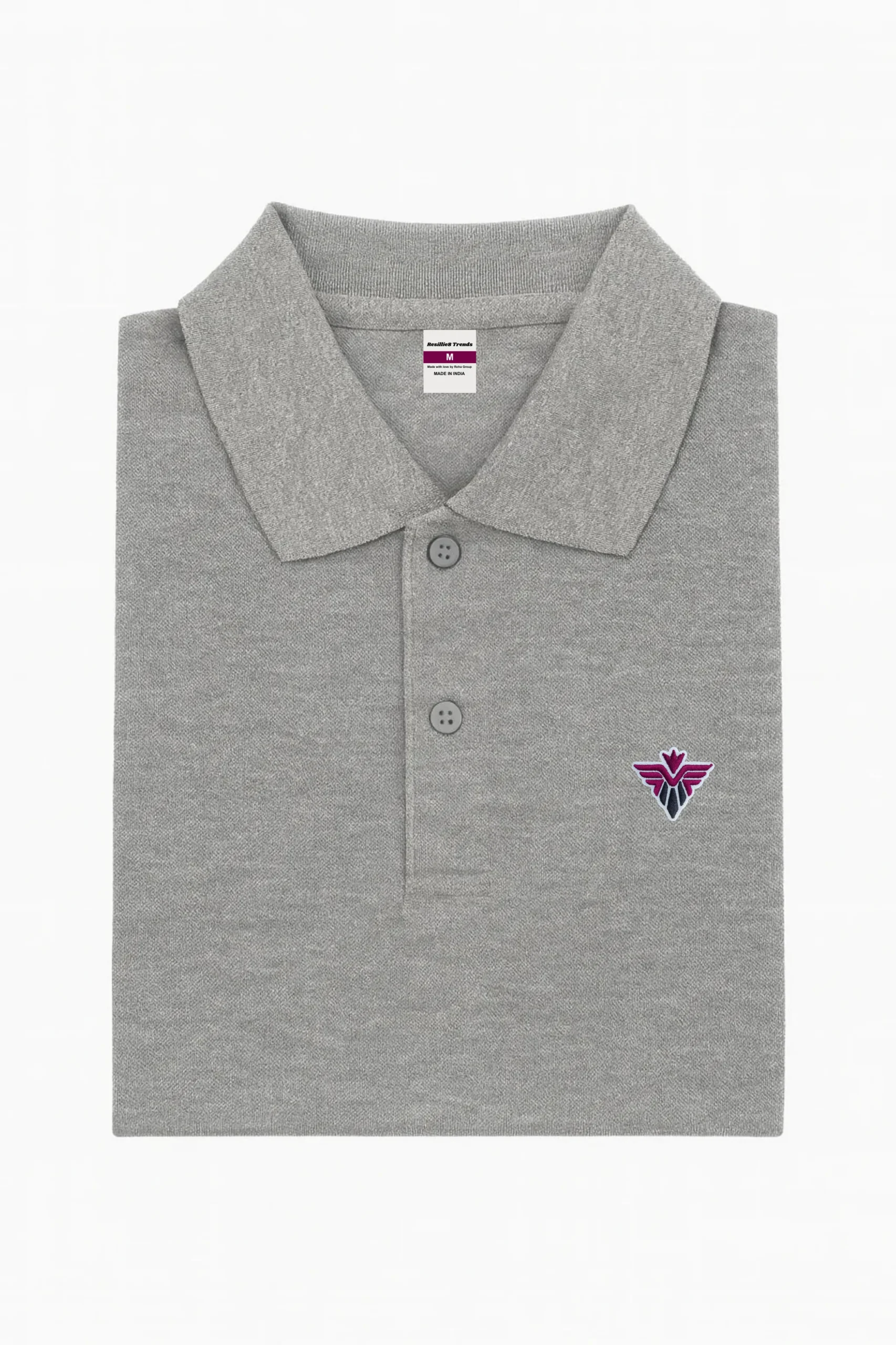 Grey polo t-shirt crafted from premium cotton blend double piqué fabric with short sleeves, buttoned collar, and regular fit.
