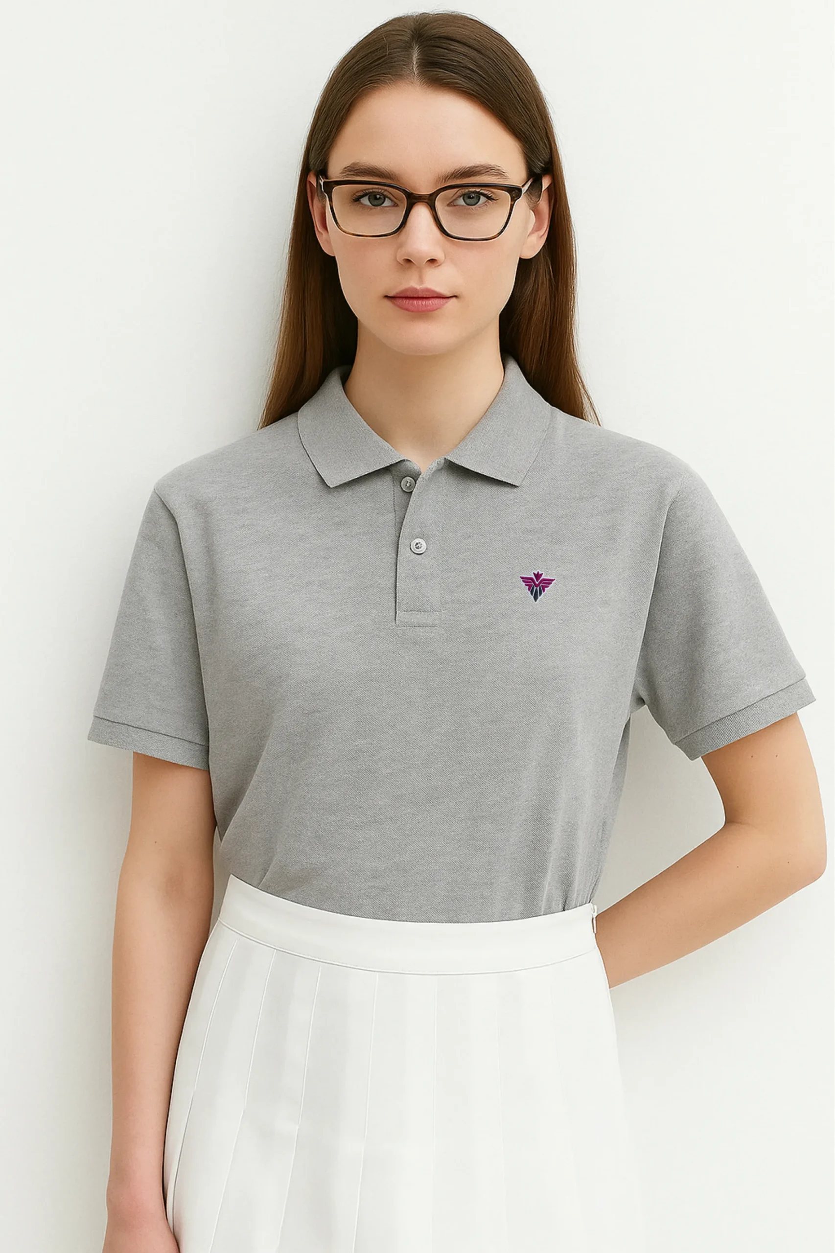 Grey polo t-shirt crafted from premium cotton blend double piqué fabric with short sleeves, buttoned collar, and regular fit.