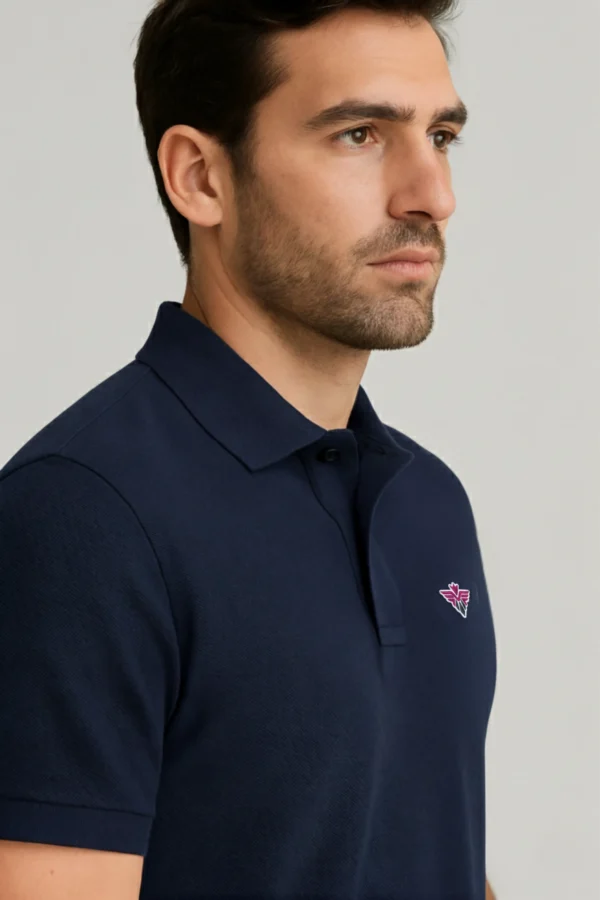 Navy blue polo t-shirt made from premium cotton blend double piqué fabric with short sleeves, buttoned collar, and classic regular fit