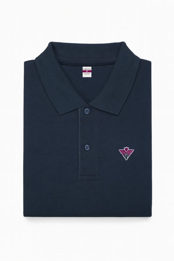 Navy blue polo t-shirt made from premium cotton blend double piqué fabric with short sleeves, buttoned collar, and classic regular fit