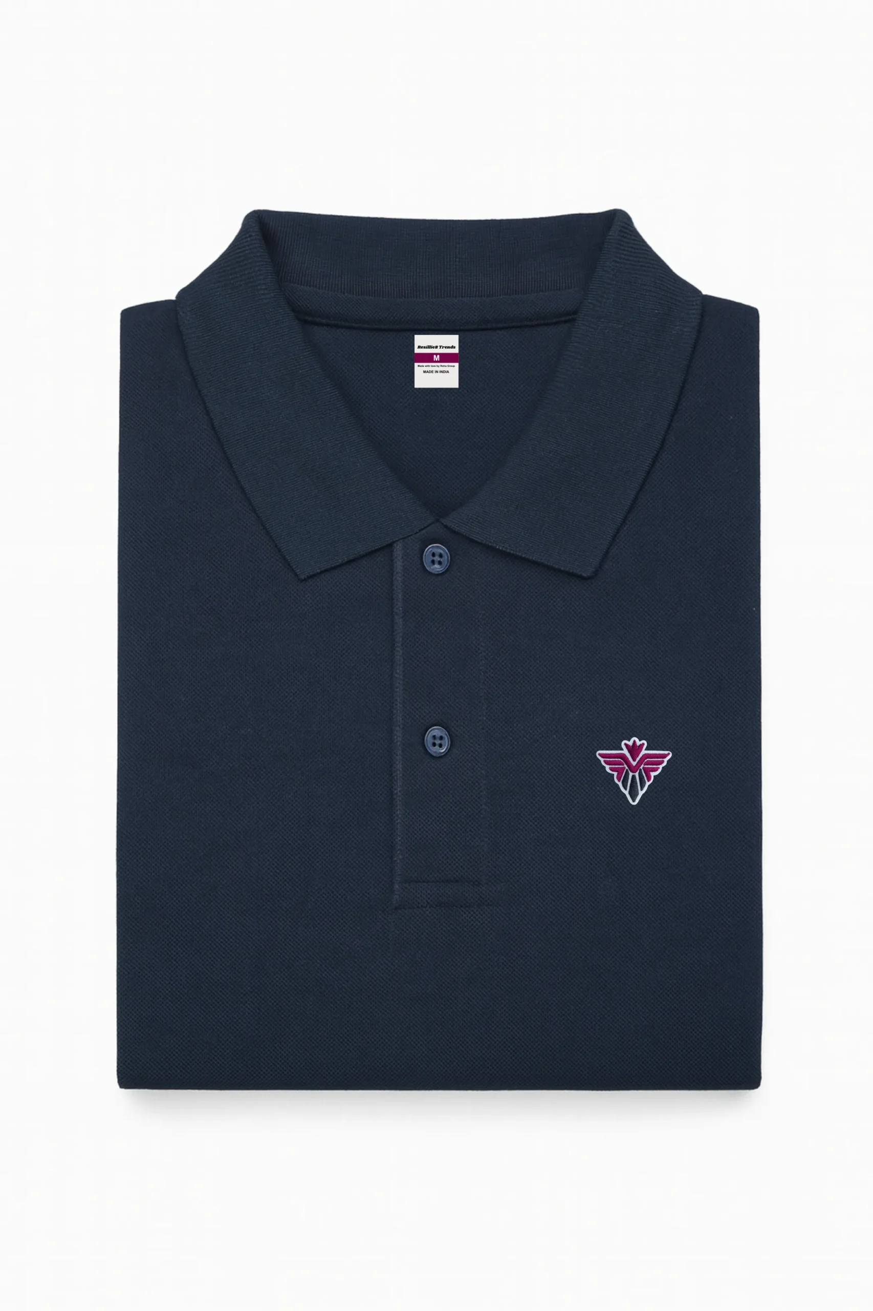 Navy blue polo t-shirt made from premium cotton blend double piqué fabric with short sleeves, buttoned collar, and classic regular fit