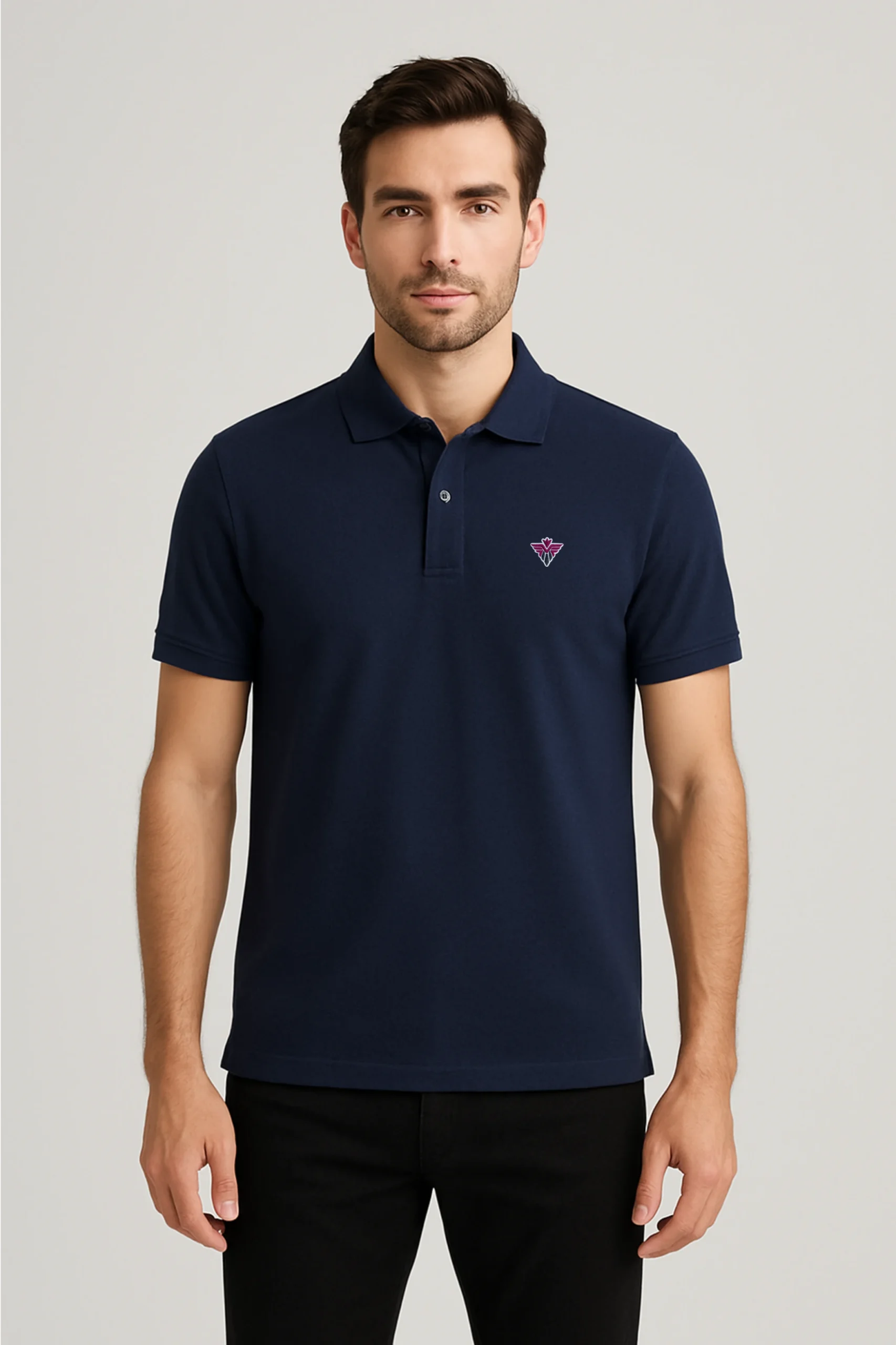 Navy blue polo t-shirt made from premium cotton blend double piqué fabric with short sleeves, buttoned collar, and classic regular fit