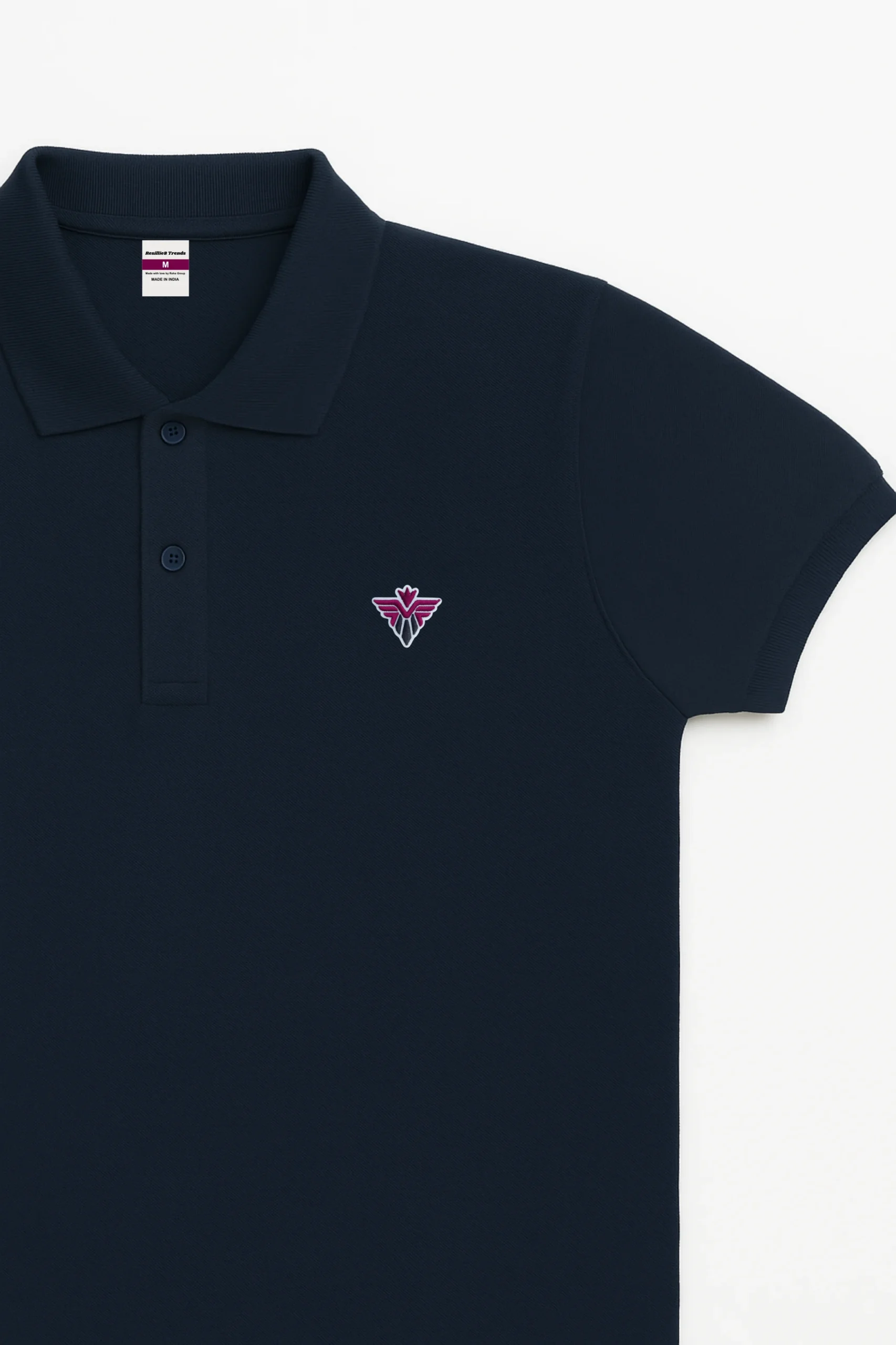 Navy blue polo t-shirt made from premium cotton blend double piqué fabric with short sleeves, buttoned collar, and classic regular fit