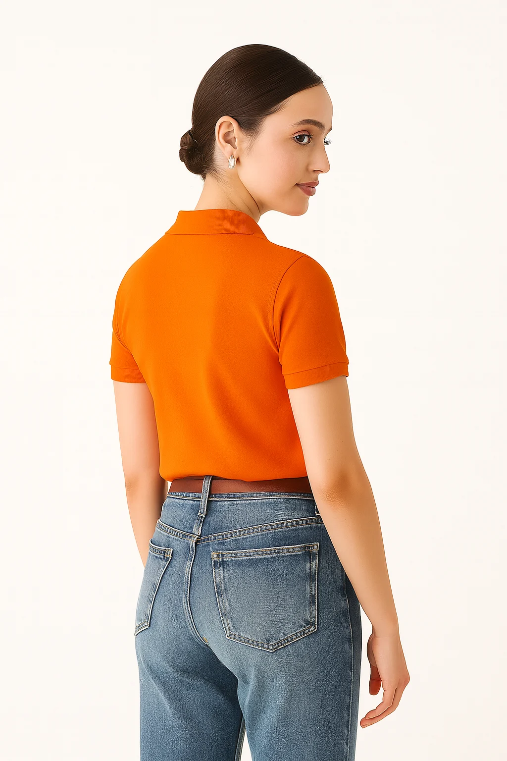 Orange polo t-shirt made from premium cotton blend double piqué fabric with short sleeves, buttoned collar, and regular fit.