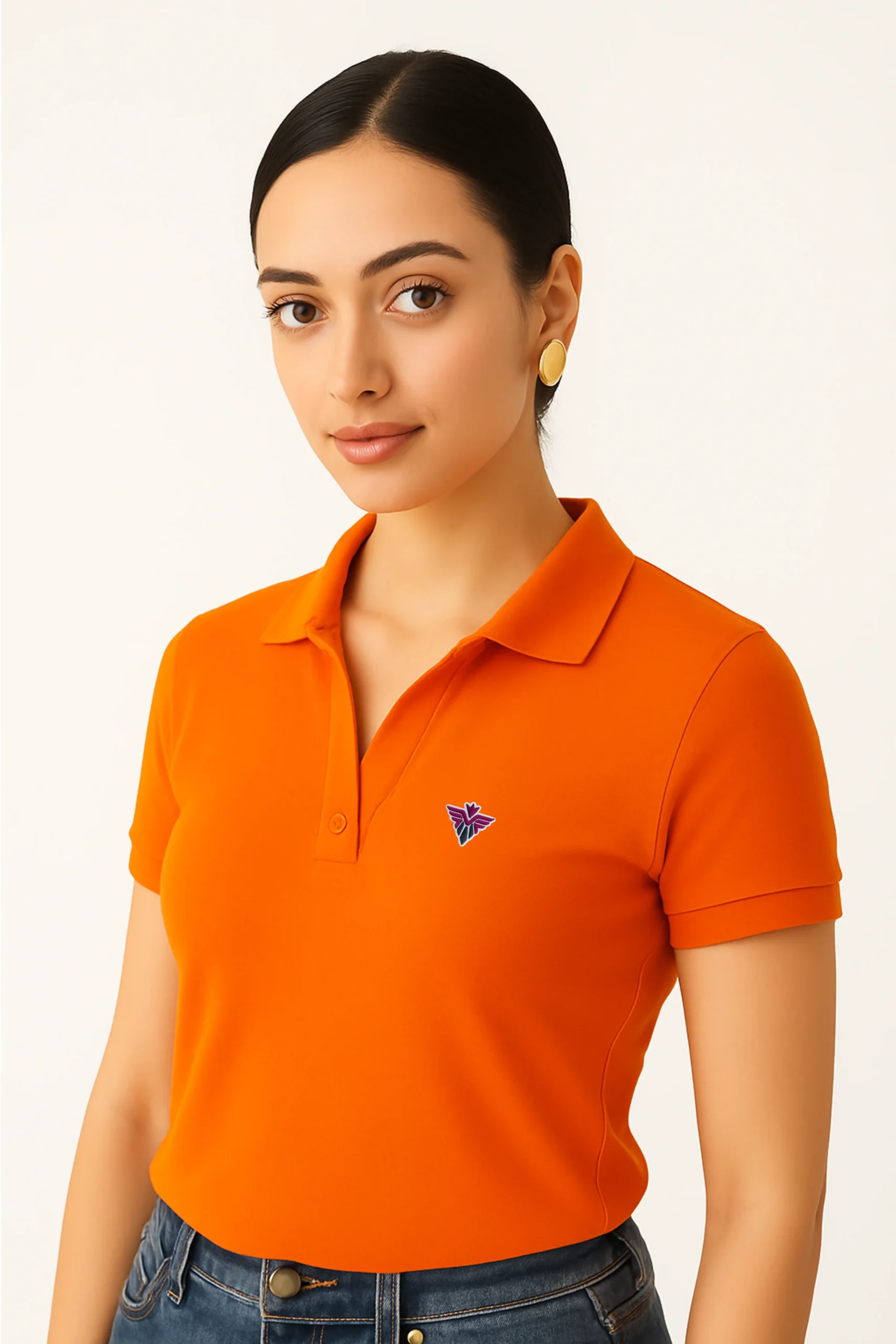 Orange polo t-shirt made from premium cotton blend double piqué fabric with short sleeves, buttoned collar, and regular fit.