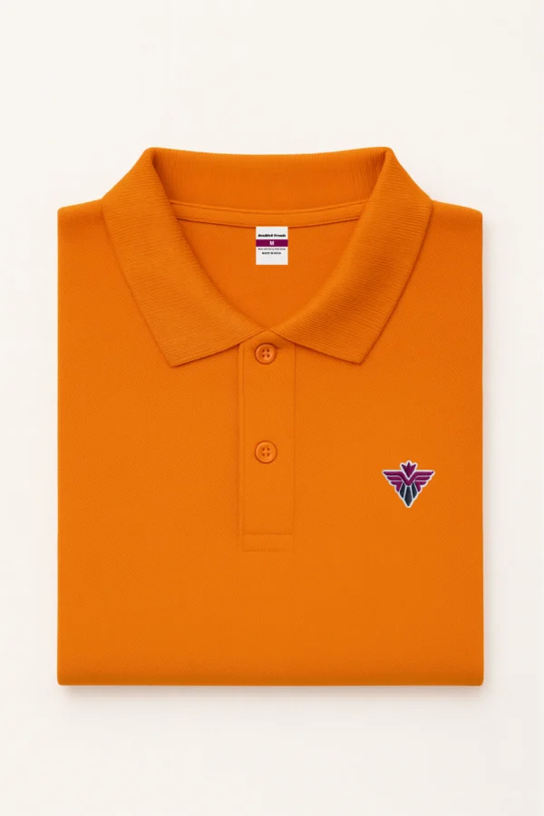 Orange polo t-shirt made from premium cotton blend double piqué fabric with short sleeves, buttoned collar, and regular fit.