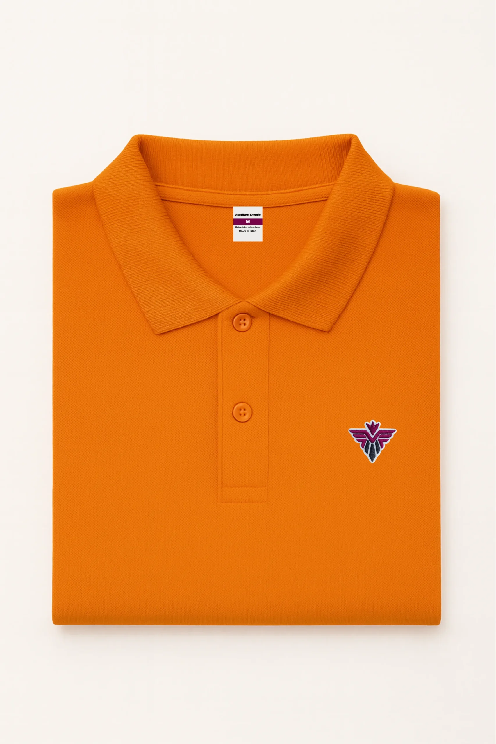 Orange polo t-shirt made from premium cotton blend double piqué fabric with short sleeves, buttoned collar, and regular fit.