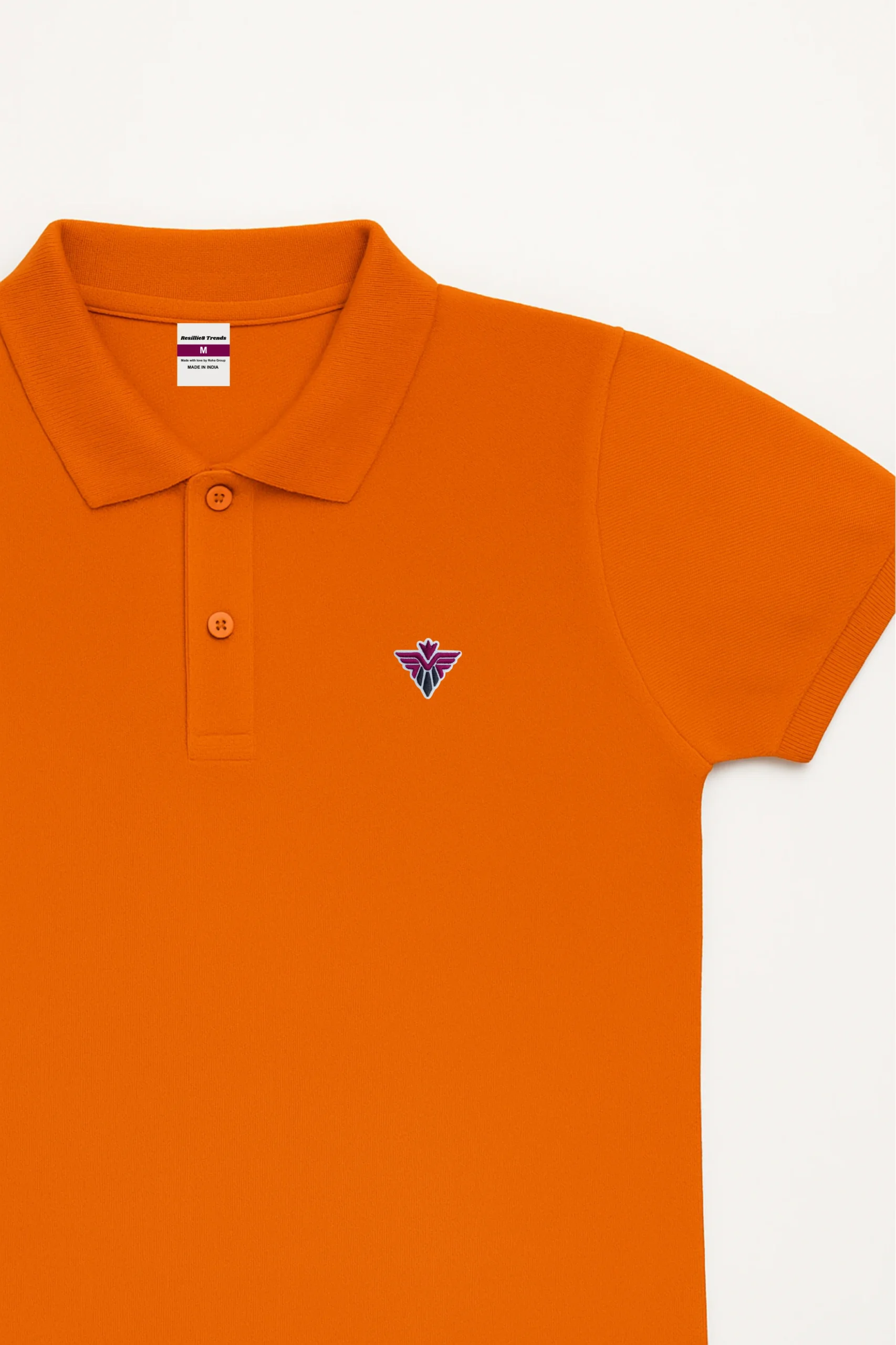Orange polo t-shirt made from premium cotton blend double piqué fabric with short sleeves, buttoned collar, and regular fit.