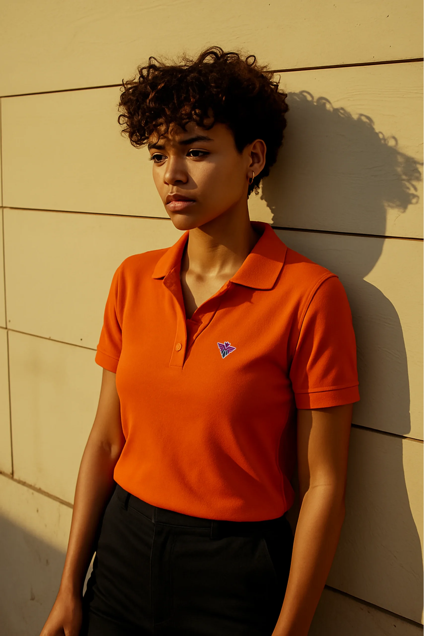 Orange polo t-shirt made from premium cotton blend double piqué fabric with short sleeves, buttoned collar, and regular fit.