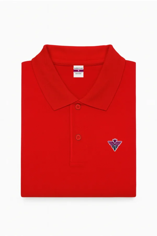 Red polo t-shirt made from soft cotton blend fabric, featuring short sleeves, buttoned collar, and a classic regular fit.