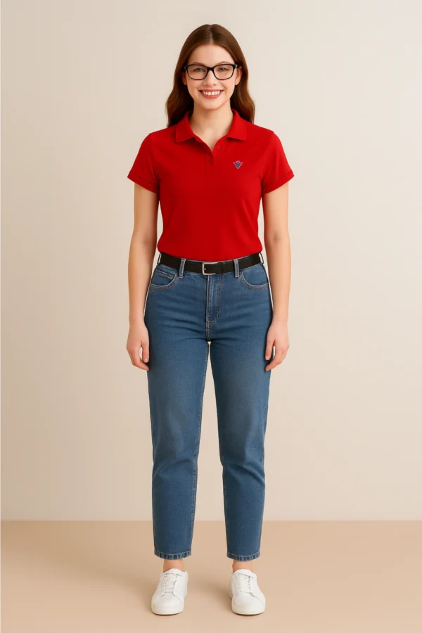 Red women’s polo t-shirt made from soft cotton blend fabric, featuring short sleeves, buttoned collar, and a classic regular fit.