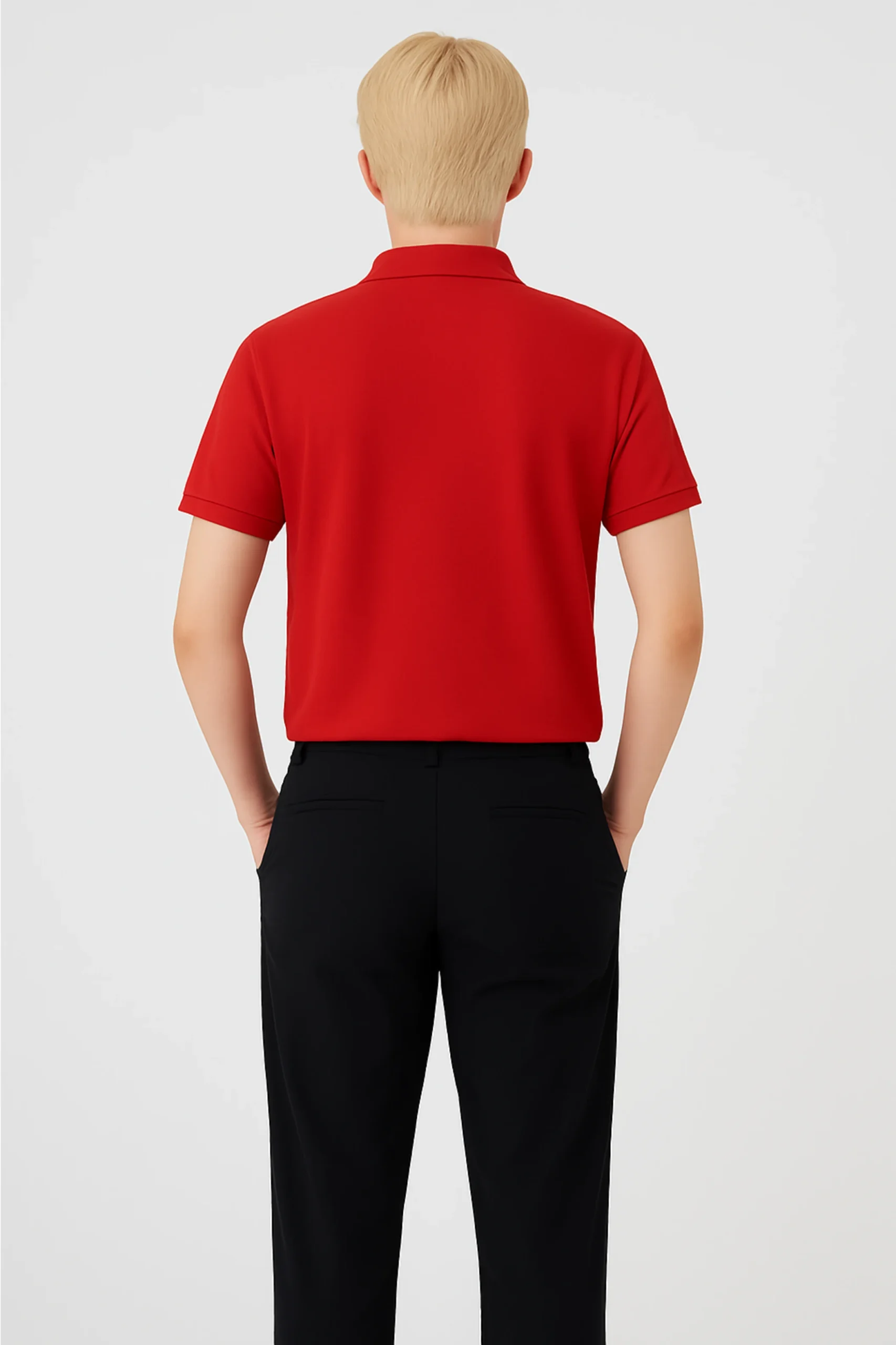Red men’s polo t-shirt made from soft cotton blend fabric, featuring short sleeves, buttoned collar, and a classic regular fit.