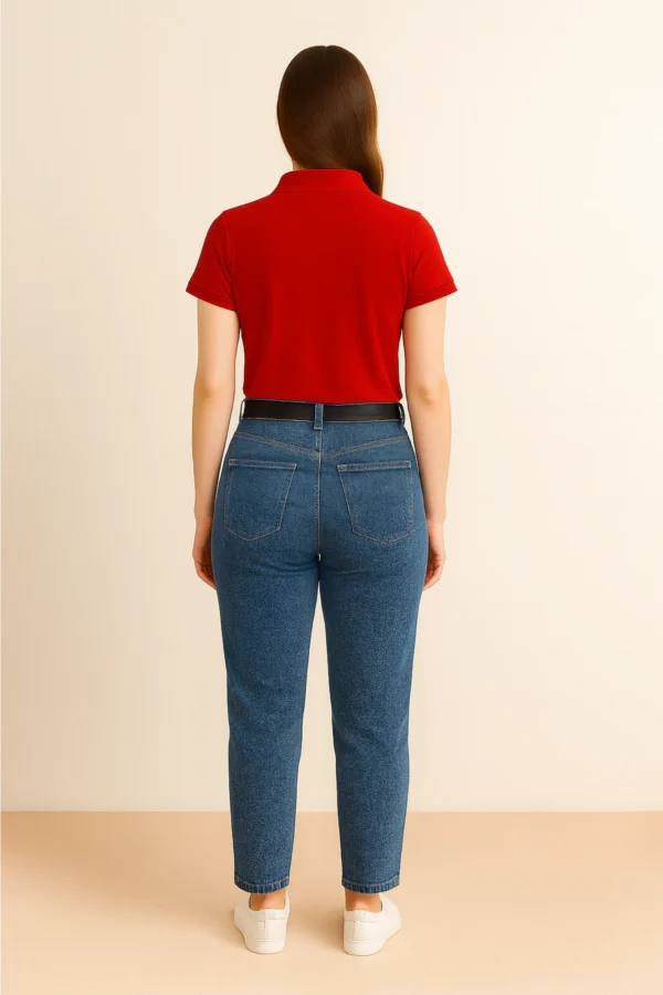 Red women’s polo t-shirt made from soft cotton blend fabric, featuring short sleeves, buttoned collar, and a classic regular fit.