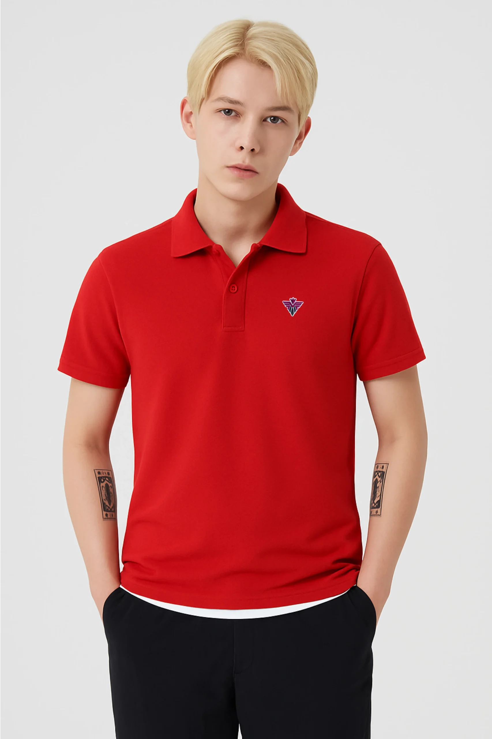 Red men’s polo t-shirt made from soft cotton blend fabric, featuring short sleeves, buttoned collar, and a classic regular fit.