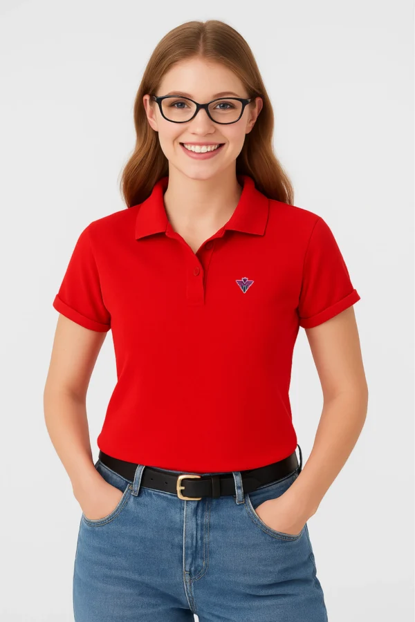 Red women’s polo t-shirt made from soft cotton blend fabric, featuring short sleeves, buttoned collar, and a classic regular fit.