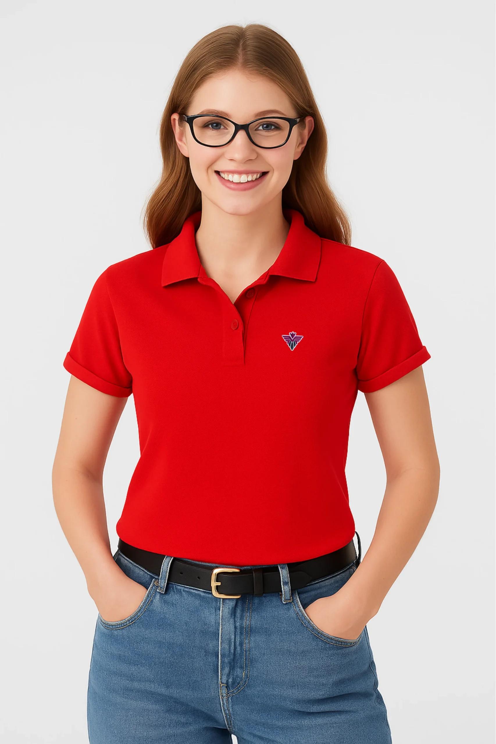 Red women’s polo t-shirt made from soft cotton blend fabric, featuring short sleeves, buttoned collar, and a classic regular fit.