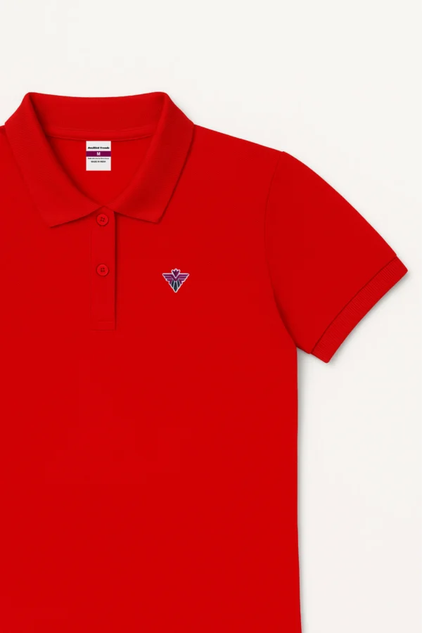 Red polo t-shirt made from soft cotton blend fabric, featuring short sleeves, buttoned collar, and a classic regular fit.