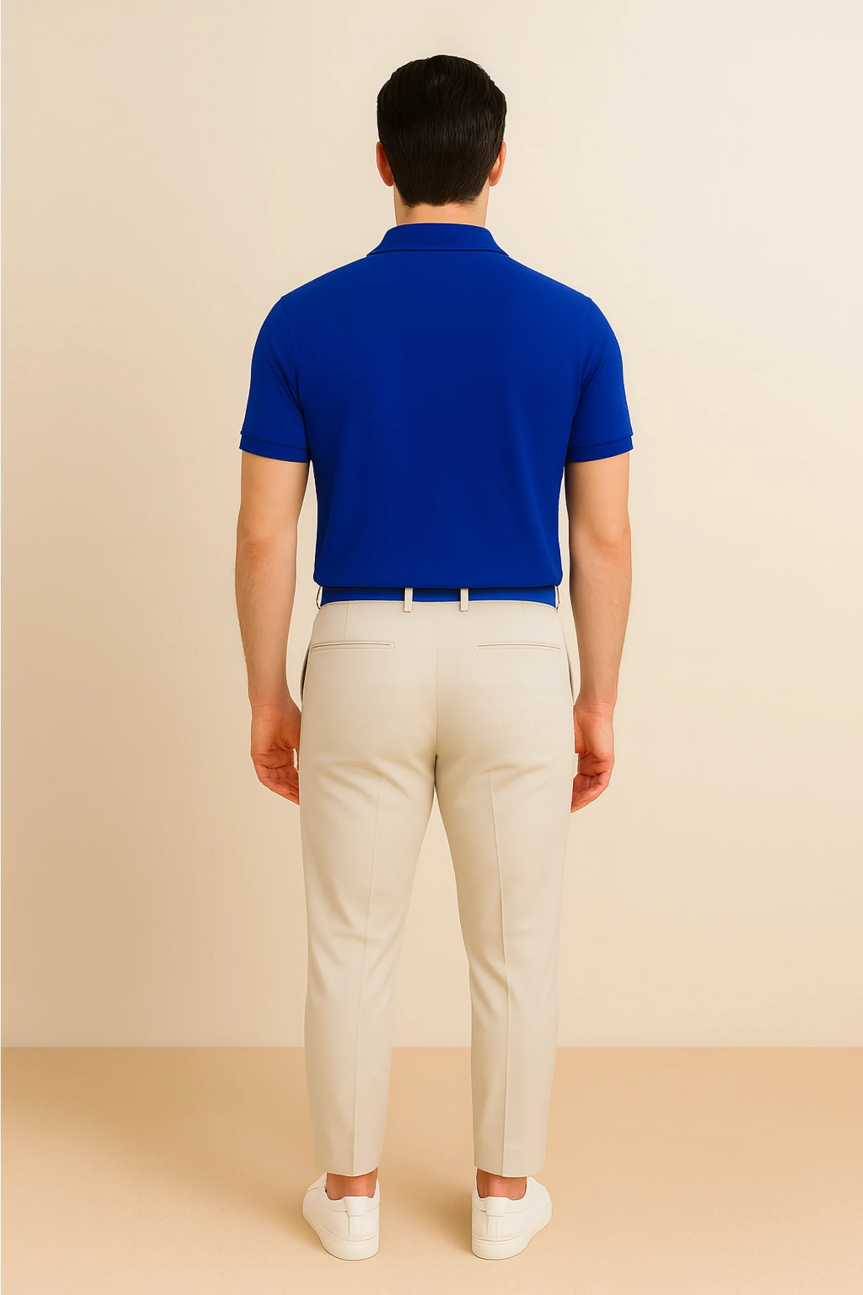 Royal blue polo t-shirt made from premium cotton blend double piqué fabric with short sleeves, buttoned collar, and classic regular fit.