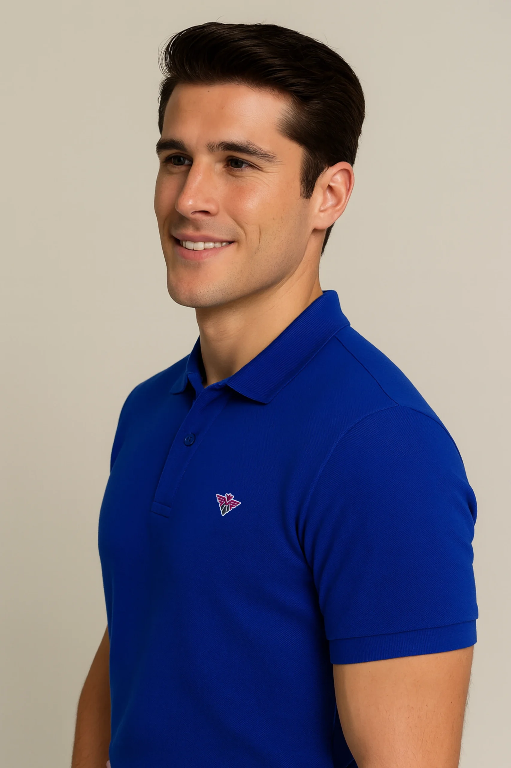 Royal blue polo t-shirt made from premium cotton blend double piqué fabric with short sleeves, buttoned collar, and classic regular fit.