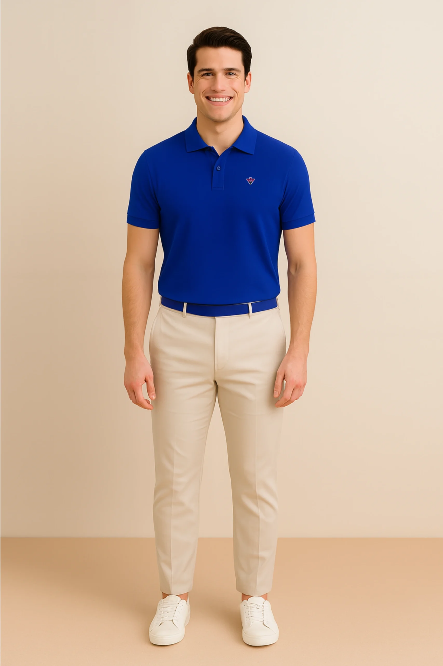 Royal blue polo t-shirt made from premium cotton blend double piqué fabric with short sleeves, buttoned collar, and classic regular fit.