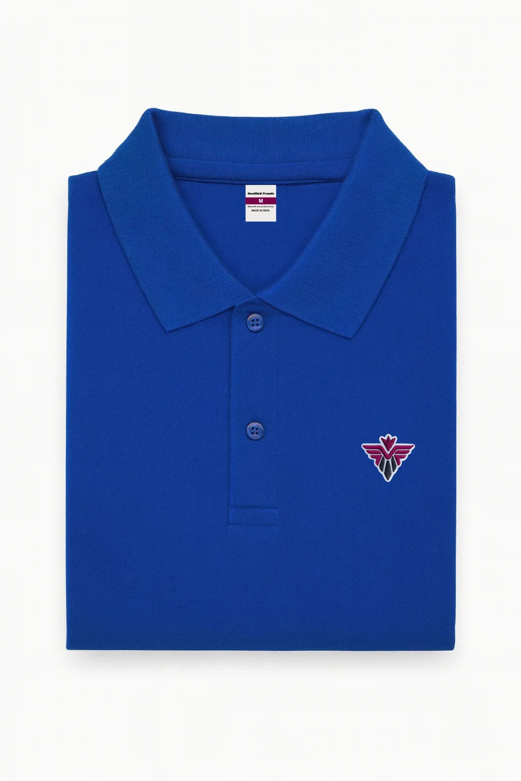 Royal blue polo t-shirt made from premium cotton blend double piqué fabric with short sleeves, buttoned collar, and classic regular fit.