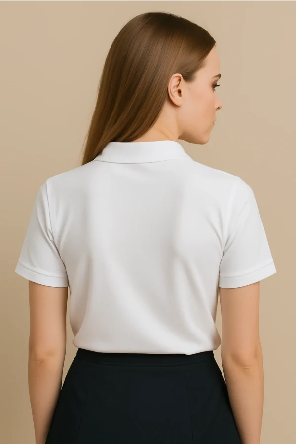 White polo t-shirt crafted from premium cotton blend double piqué fabric with short sleeves, buttoned collar, and classic regular fit
