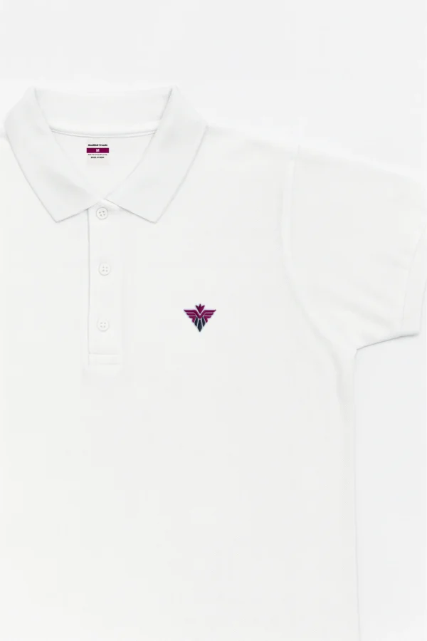 White polo t-shirt crafted from premium cotton blend double piqué fabric with short sleeves, buttoned collar, and classic regular fit