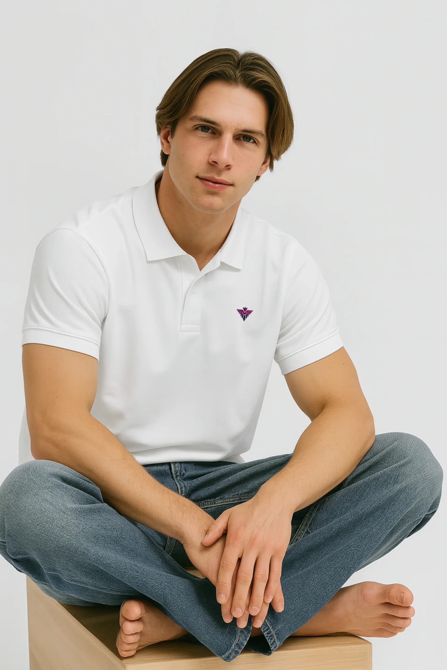 White polo t-shirt crafted from premium cotton blend double piqué fabric with short sleeves, buttoned collar, and classic regular fit