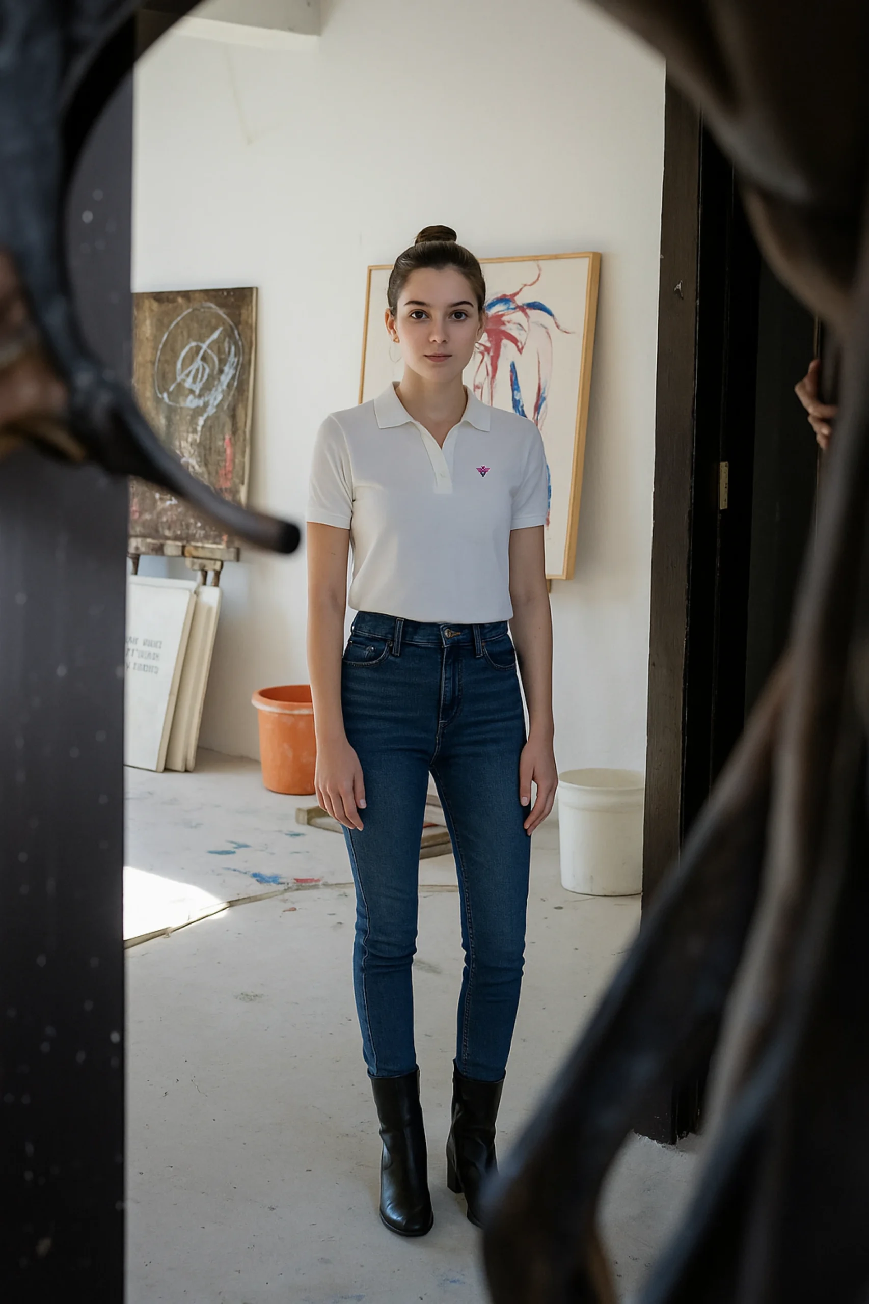 White polo t-shirt crafted from premium cotton blend double piqué fabric with short sleeves, buttoned collar, and classic regular fit