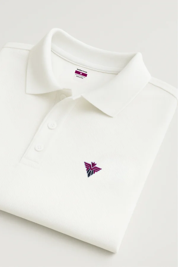 White polo t-shirt crafted from premium cotton blend double piqué fabric with short sleeves, buttoned collar, and classic regular fit