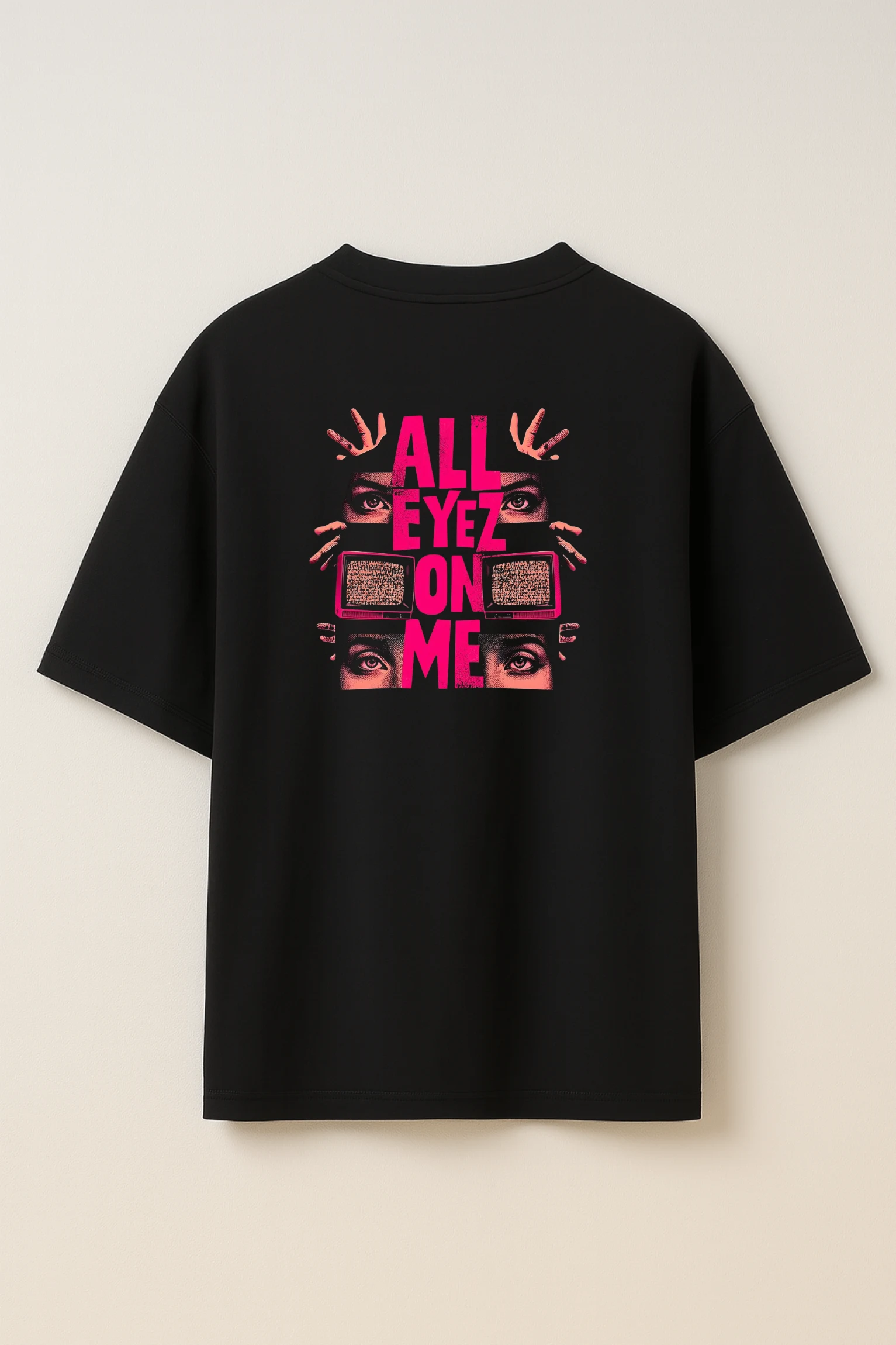 All Eyez On Me oversized t-shirt made from premium 240 GSM French Terry fabric, 52% cotton and 48% polyester blend, with bold graphic and relaxed fit.