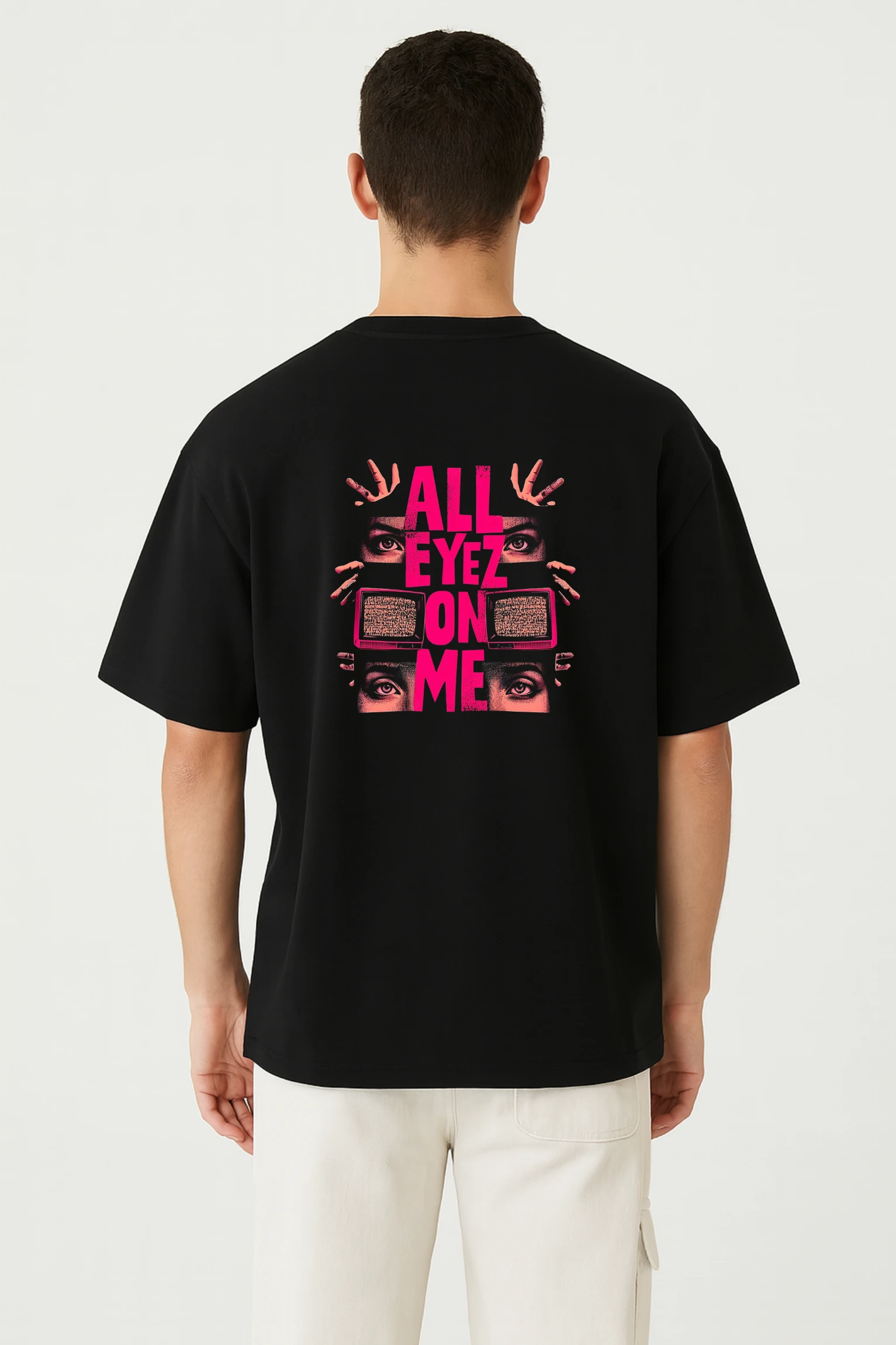 All Eyez On Me oversized t-shirt made from premium 240 GSM French Terry fabric, 52% cotton and 48% polyester blend, with bold graphic and relaxed fit.