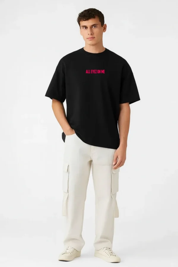 All Eyez On Me oversized t-shirt made from premium 240 GSM French Terry fabric, 52% cotton and 48% polyester blend, with bold graphic and relaxed fit.