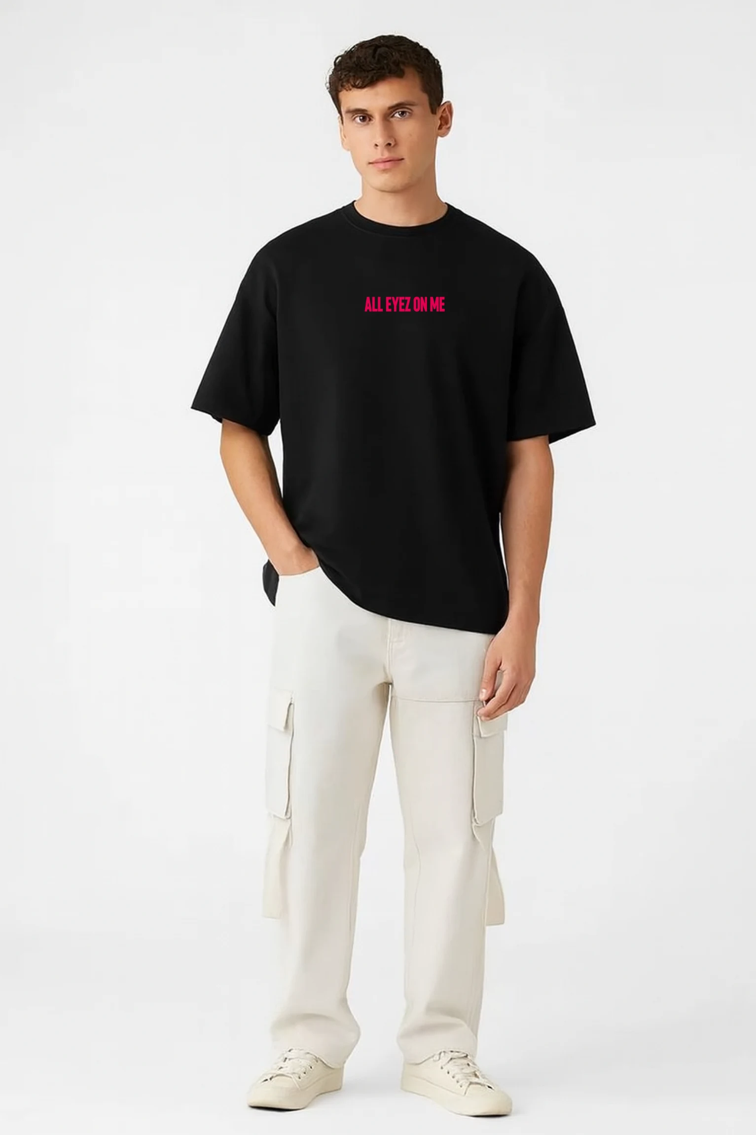 All Eyez On Me oversized t-shirt made from premium 240 GSM French Terry fabric, 52% cotton and 48% polyester blend, with bold graphic and relaxed fit.