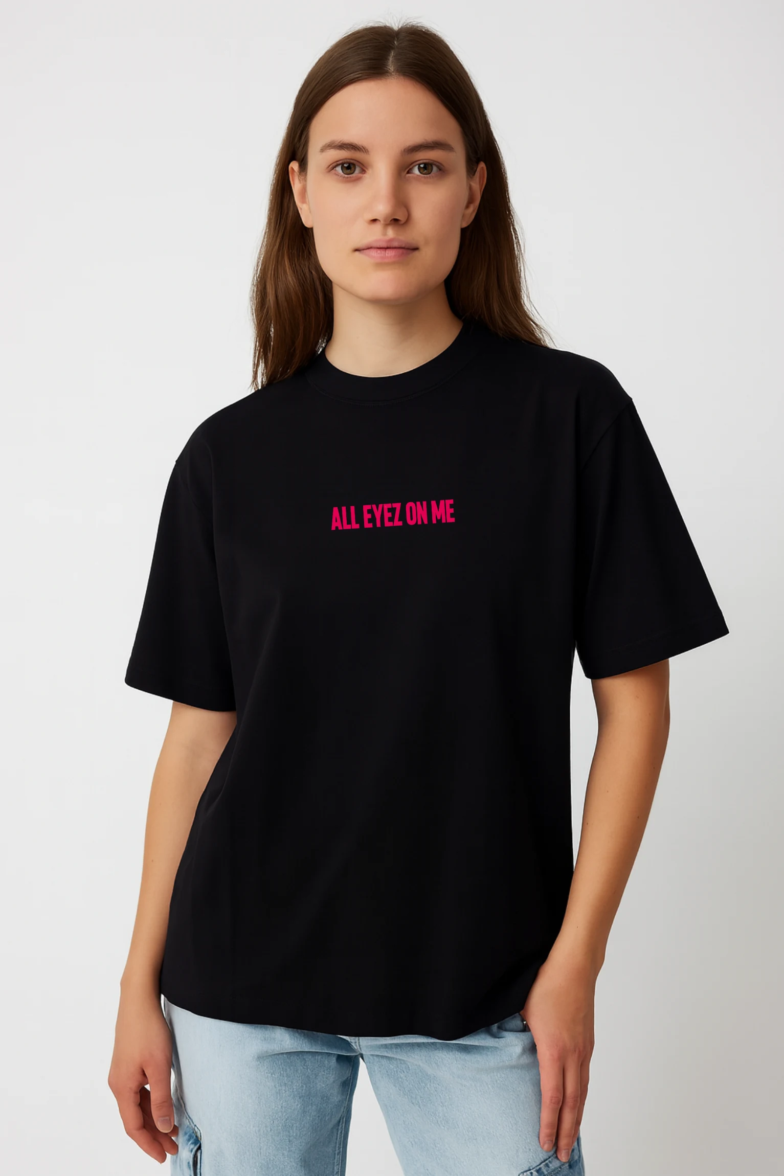 All Eyez On Me oversized t-shirt made from premium 240 GSM French Terry fabric, 52% cotton and 48% polyester blend, with bold graphic and relaxed fit.