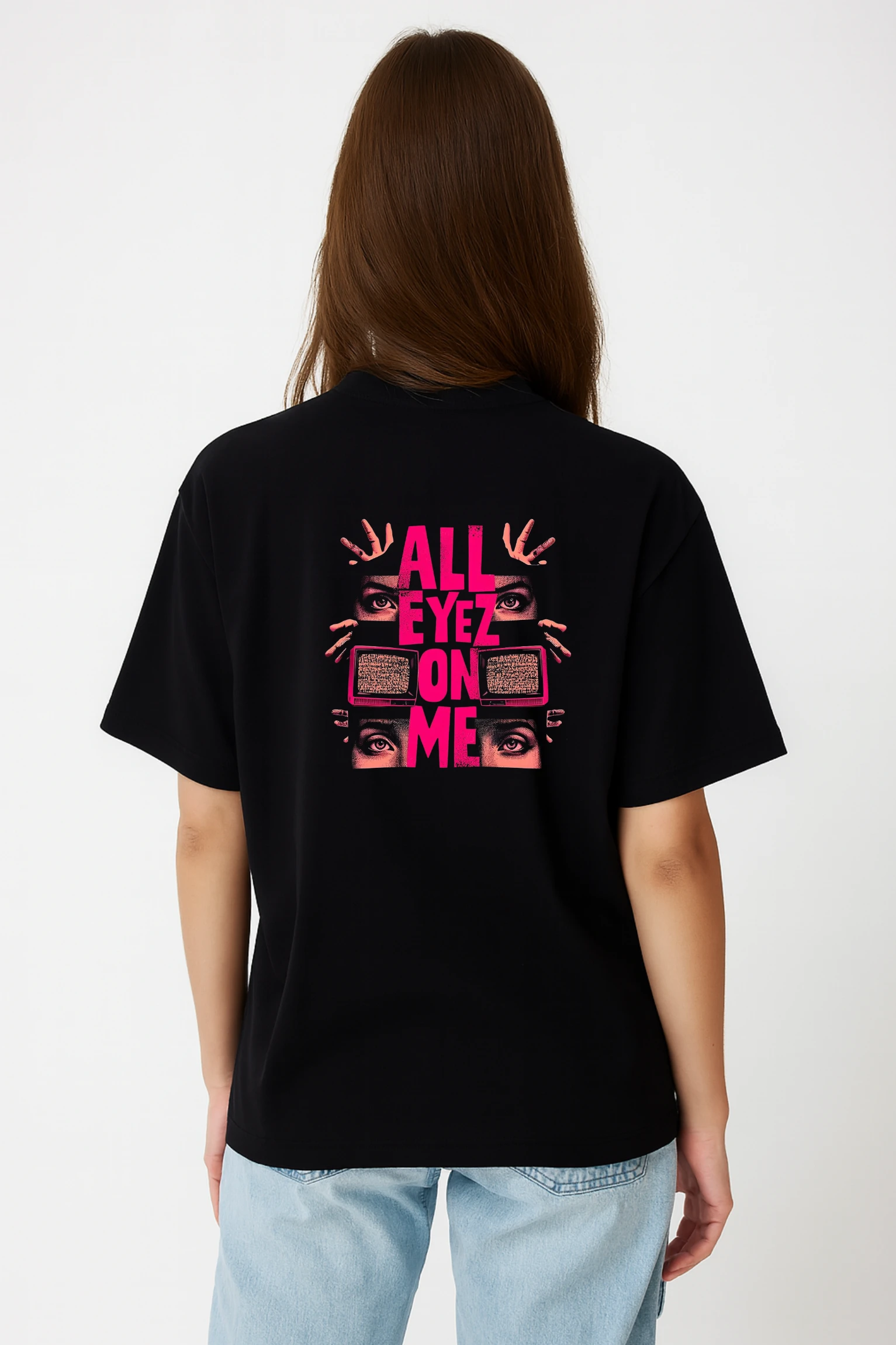 All Eyez On Me oversized t-shirt made from premium 240 GSM French Terry fabric, 52% cotton and 48% polyester blend, with bold graphic and relaxed fit.