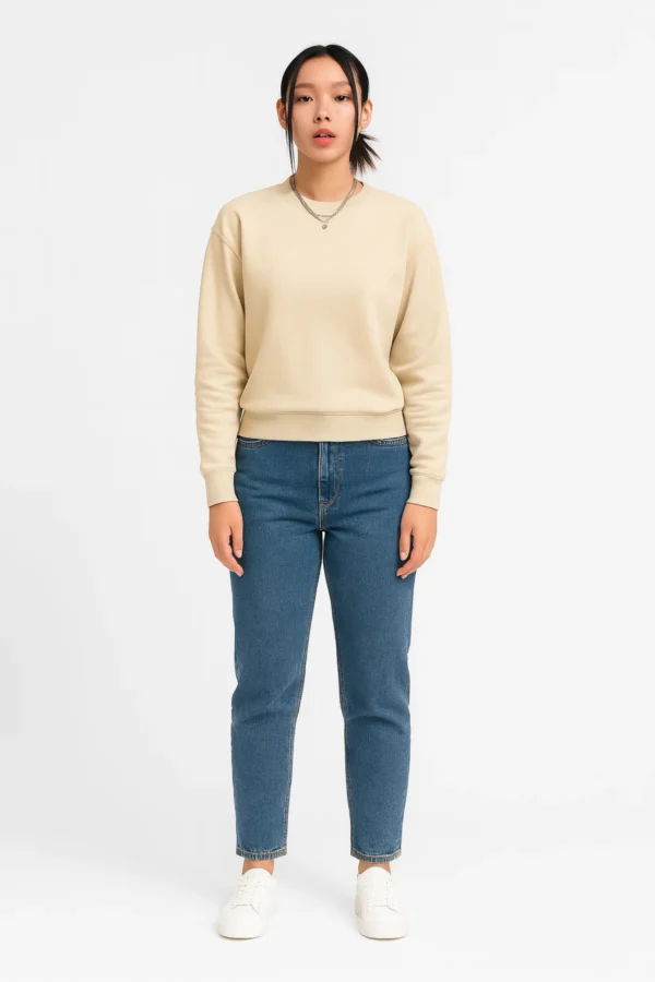 Beige sweatshirt made from premium poly-cotton fleece fabric with long sleeves, soft brushed interior, and classic regular fit