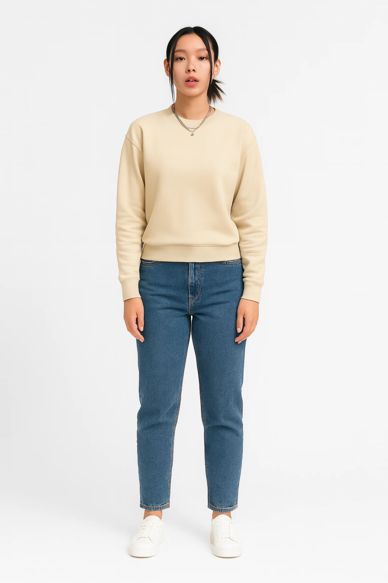 Beige sweatshirt made from premium poly-cotton fleece fabric with long sleeves, soft brushed interior, and classic regular fit