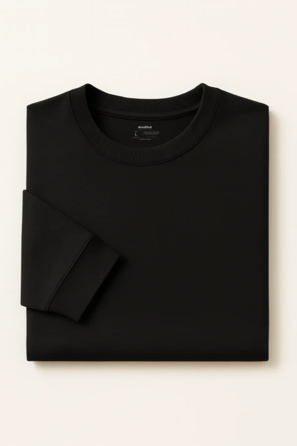 Black sweatshirt-style polo t-shirt crafted from premium cotton blend fabric with long sleeves, buttoned collar, and regular fit.