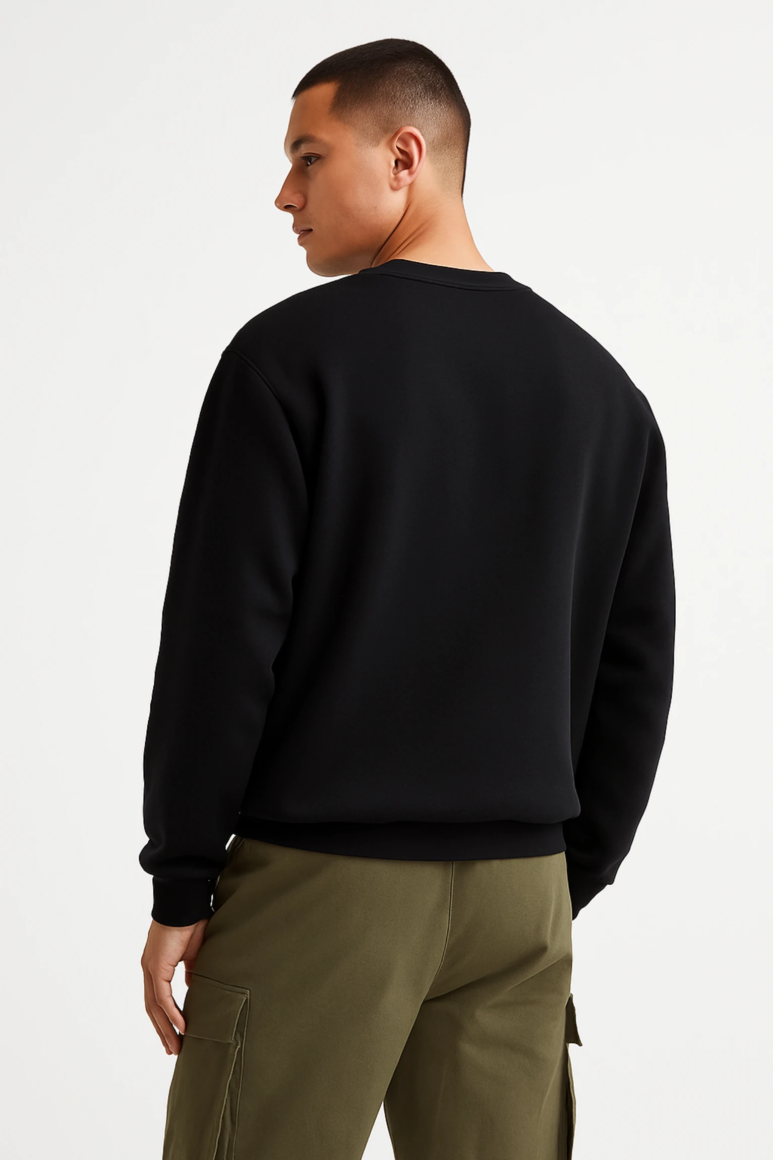 Black sweatshirt-style polo t-shirt crafted from premium cotton blend fabric with long sleeves, buttoned collar, and regular fit.