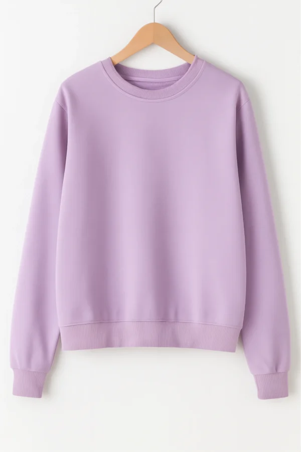 Lavender sweatshirt made from premium poly-cotton 3-thread fleece fabric with long sleeves, soft brushed interior, and classic regular fit.
