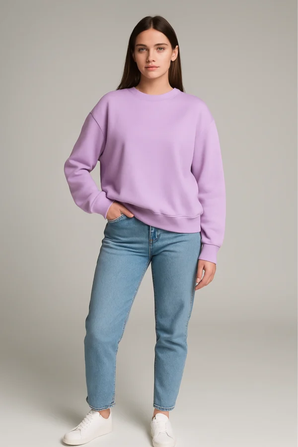 Lavender sweatshirt made from premium poly-cotton 3-thread fleece fabric with long sleeves, soft brushed interior, and classic regular fit.