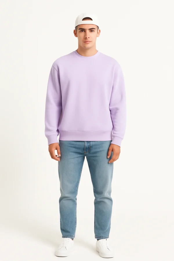 Lavender sweatshirt made from premium poly-cotton 3-thread fleece fabric with long sleeves, soft brushed interior, and classic regular fit.