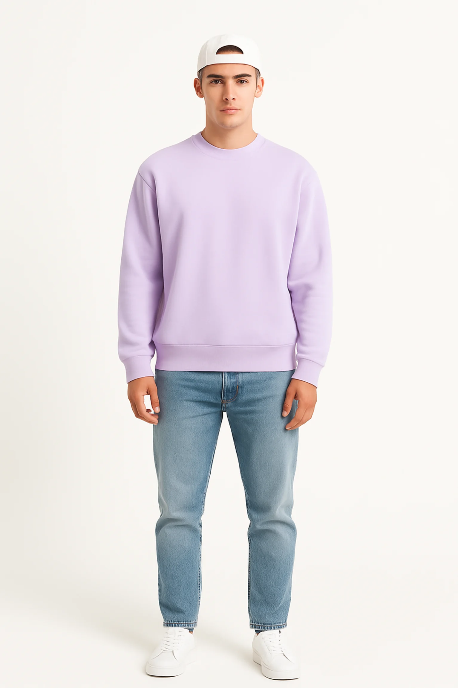 Lavender sweatshirt made from premium poly-cotton 3-thread fleece fabric with long sleeves, soft brushed interior, and classic regular fit.