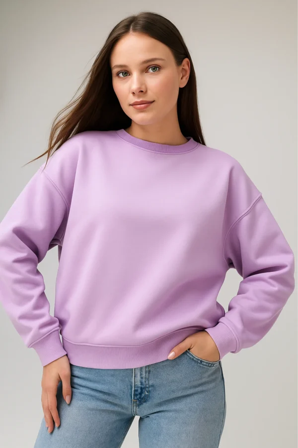 Lavender sweatshirt made from premium poly-cotton 3-thread fleece fabric with long sleeves, soft brushed interior, and classic regular fit.